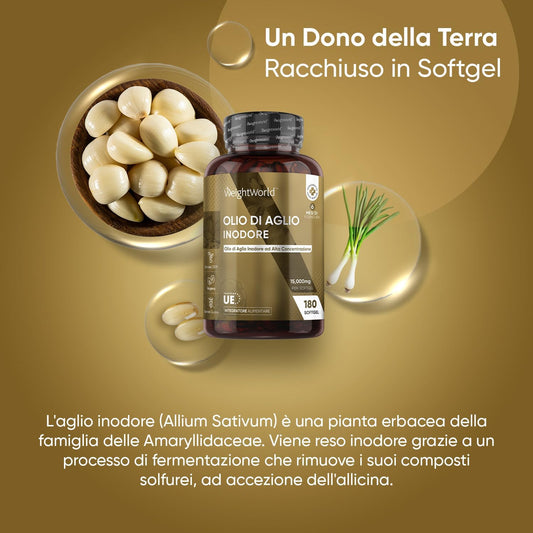 Aglio Capsule Inodore 15000Mg, 180 Softgels, Alto Dosaggio, 6 Mesi, Vegano, Estratto Di Olio Di Aglio Puro, Allicina Integratore Ricavato Dall’Allium Sativum, Deodorizzato, Aglio Integratore 500:1