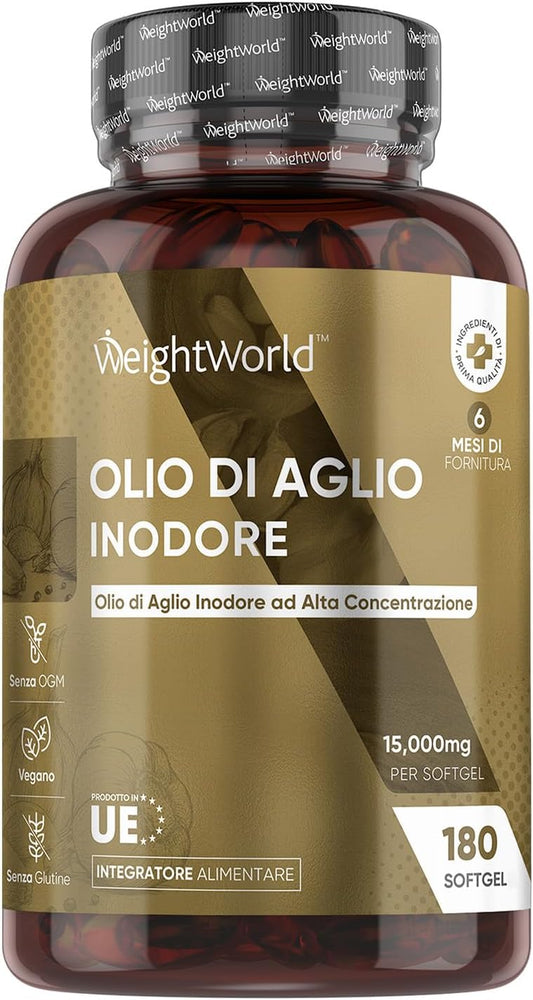 Aglio Capsule Inodore 15000Mg, 180 Softgels, Alto Dosaggio, 6 Mesi, Vegano, Estratto Di Olio Di Aglio Puro, Allicina Integratore Ricavato Dall’Allium Sativum, Deodorizzato, Aglio Integratore 500:1